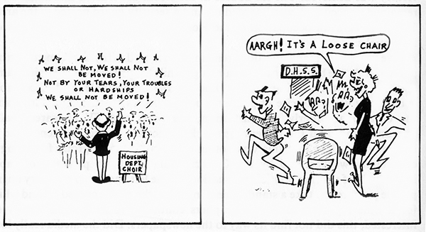 Cartoons by Rab Paterson from ‘Castlemilk Today’.